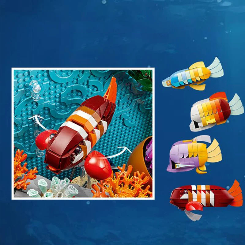 Fish figure pieces and framed reef scene for aquarium building set