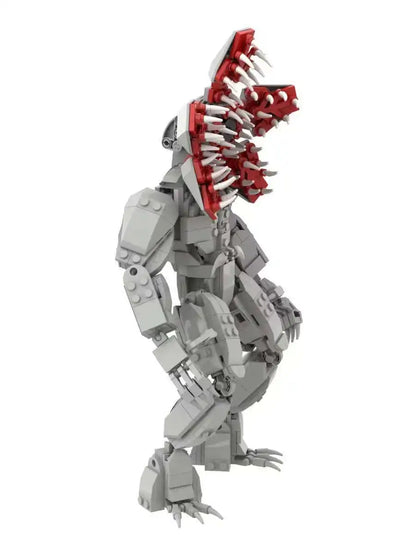 Brick-built monster robot in gray with red spiked shoulder piece, angled view