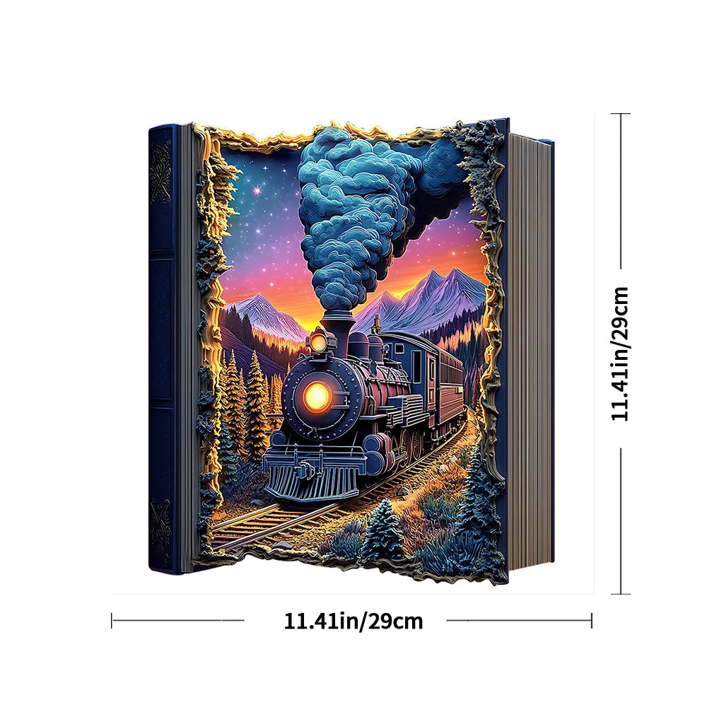 3D decorative item with a train and mountain scene, featuring dimensions on a white background.