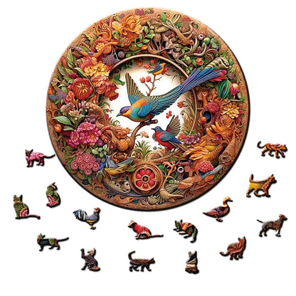 Wooden puzzle with colorful animals and nature-themed design on a white background.