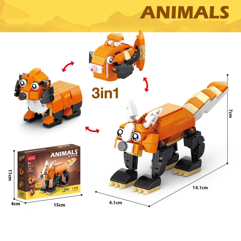 3-in-1 animal building block set with orange tiger, fish and long-tailed creature models