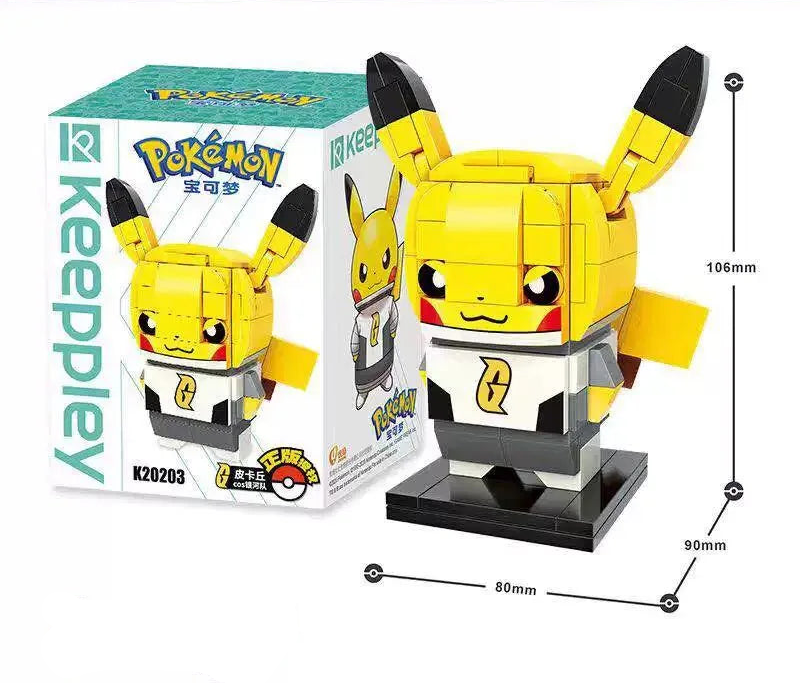 Pikachu brick figure wearing a gray cap and white shirt, with its box and size dimensions