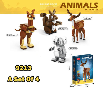 Four animal building block models: kangaroo, squirrel, deer and koala, with box