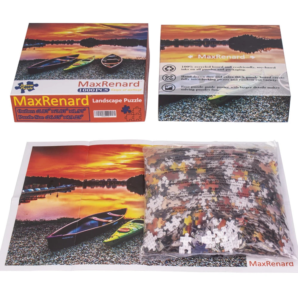 Sunset Kayaks puzzle packaging, assembled image, and bag of loose pieces