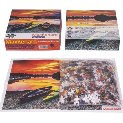 Sunset Kayaks puzzle packaging, assembled image, and bag of loose pieces