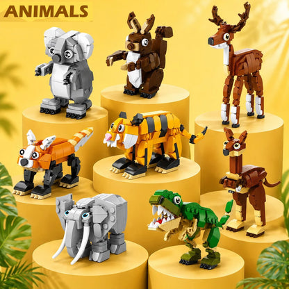 Animal building block set with tiger, red panda, elephant, dinosaur, deer, kangaroo and squirrel models