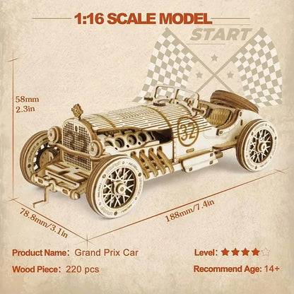 Wooden Grand Prix race car model with exposed engine details and spoked front wheel.