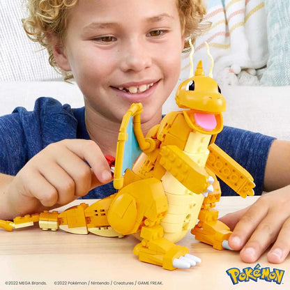 Dragonite building set figure with articulated wings and tail, shown assembled