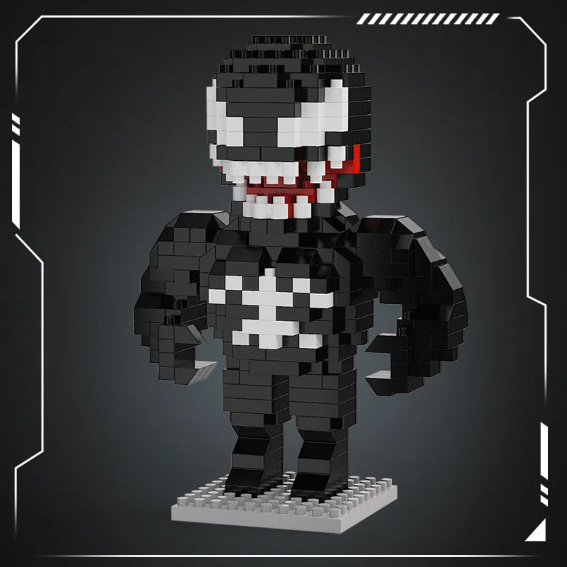 Black and white mini brick hero figure with red eye detail on gray studded base