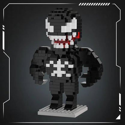 Black and white mini brick hero figure with red eye detail on gray studded base