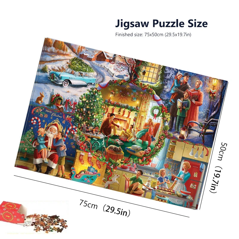 Christmas advent jigsaw puzzle size diagram, 75x50cm with winter village artwork