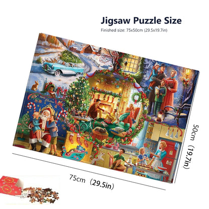 Christmas advent jigsaw puzzle size diagram, 75x50cm with winter village artwork