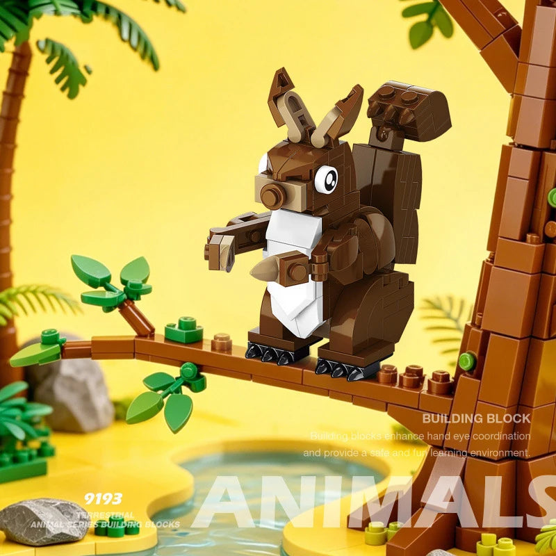 Brown squirrel building block model with a curled tail