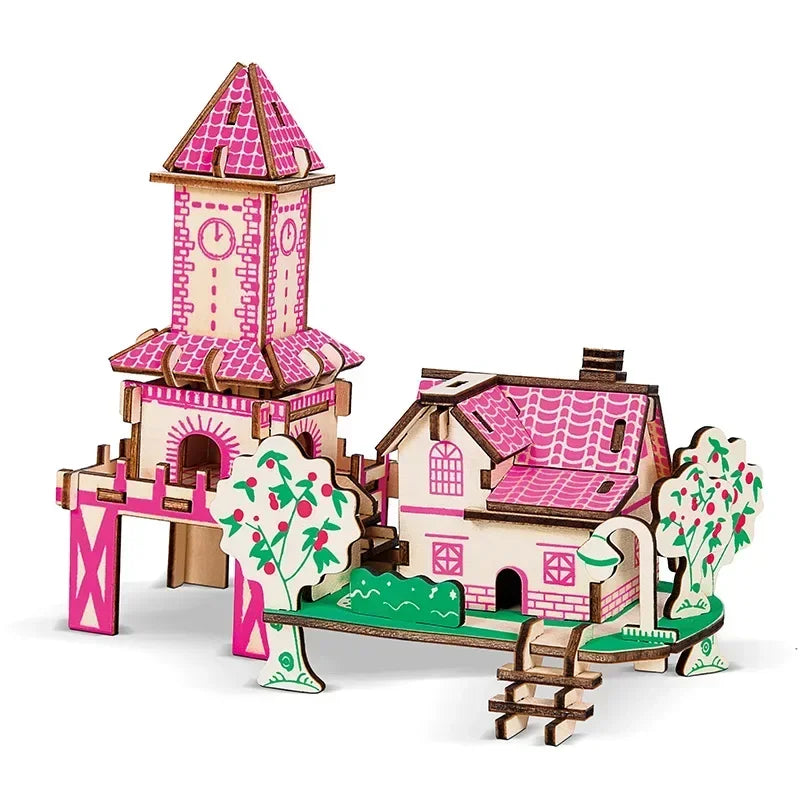 Wooden mini house model with pink striped roof, small fountain and courtyard garden
