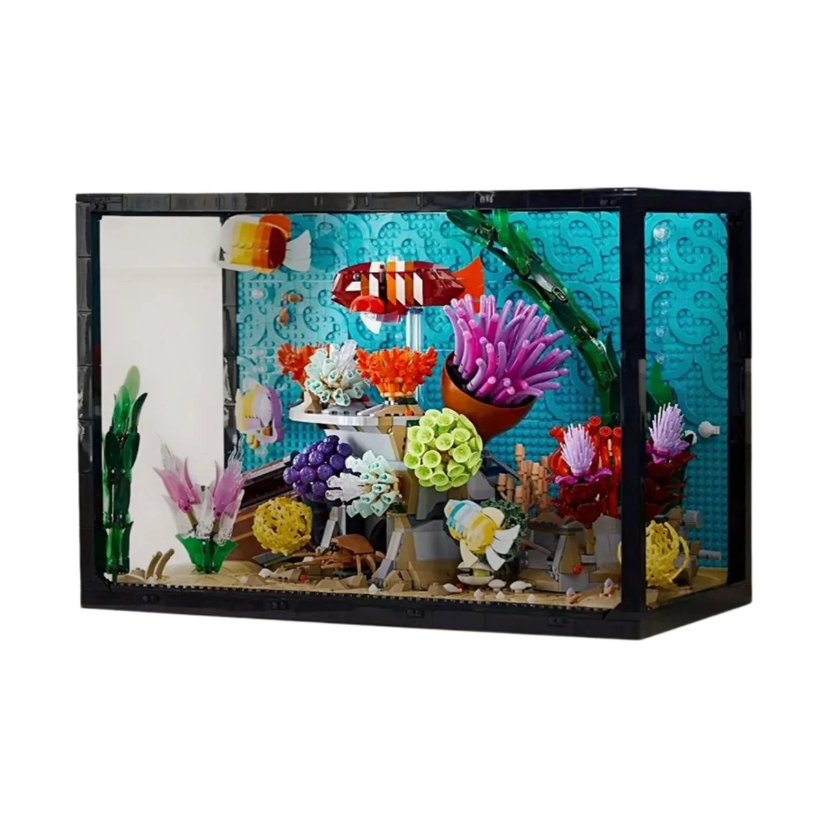 Rectangular black aquarium building set with coral and fish figures inside