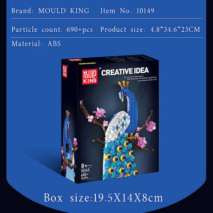 Bird brick building set box with a blue and gold peacock figure