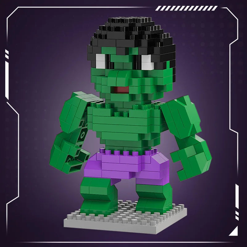 Green and purple mini brick hero figure with black head and fists on gray studded base