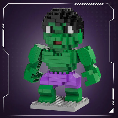 Green and purple mini brick hero figure with black head and fists on gray studded base
