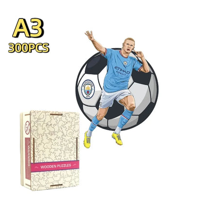 A3 300-piece wooden football jigsaw puzzle set with light blue kit player and box