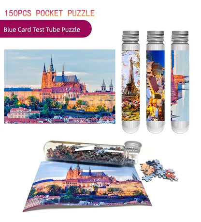 Blue card test tube mini puzzle set with three tubes and a 150-piece jigsaw map