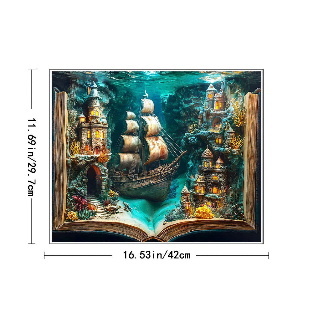 Illustration of a ship in an underwater scene with castle-like structures, framed as if from an open book. Dimensions are provided on the sides.
