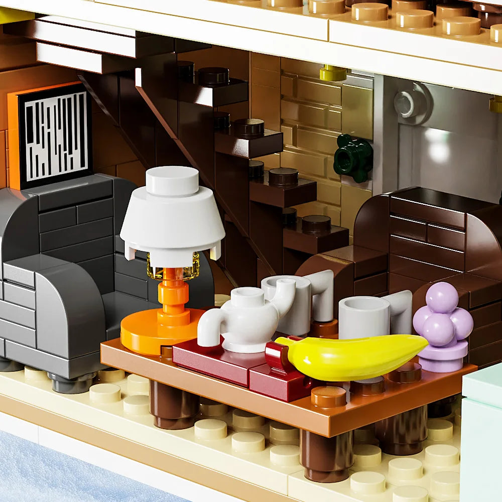 Winter cottage kitchen interior with shelves, white teapot pieces, and yellow accents