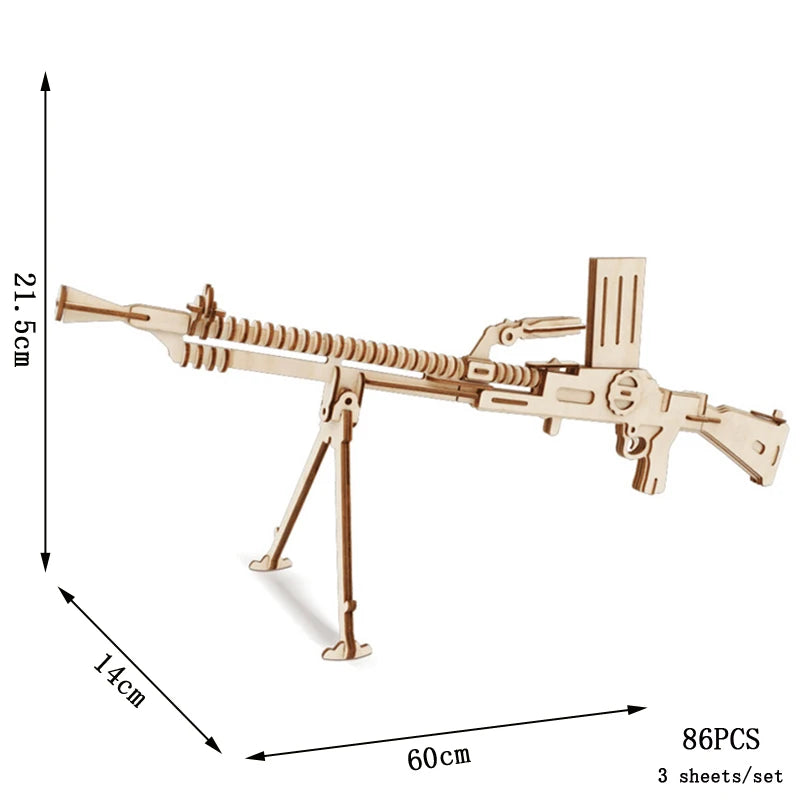Wood 3D puzzle model of a rifle with wooden frame, 86 pieces