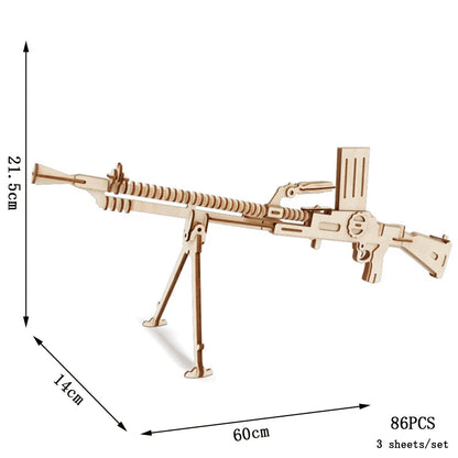 Wood 3D puzzle model of a rifle with wooden frame, 86 pieces