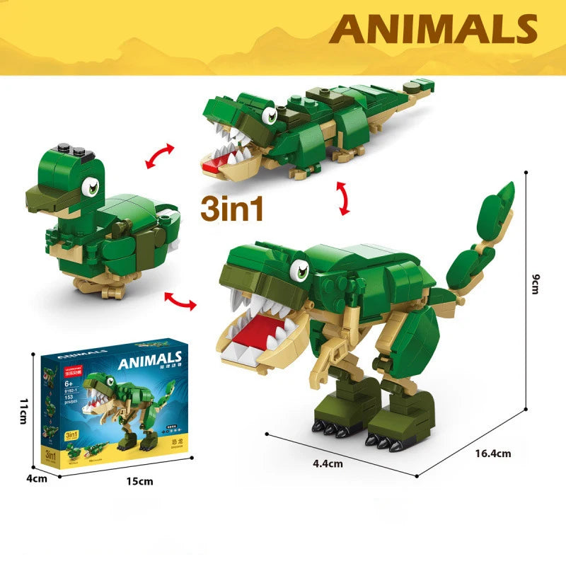 3-in-1 animal building block set with green crocodile, dinosaur and small reptile models