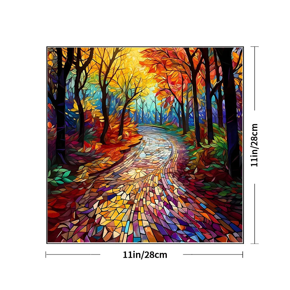 Colorful forest painting with dimensions indicated
