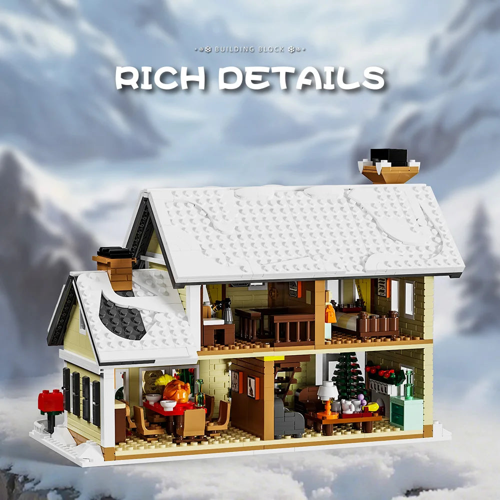 Winter cottage building block set with open interior and snowy roof detail