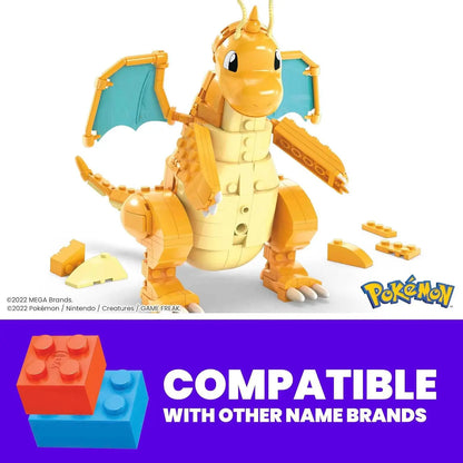 Mega Pokémon Dragonite building set with assembled orange-and-cream figure and teal wings