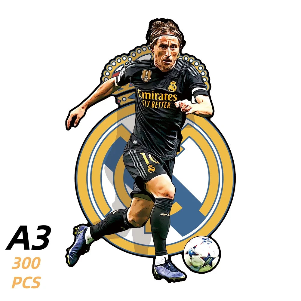 Wooden 300-piece football puzzle with action player illustration on the cover