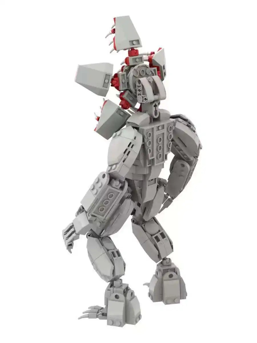 Brick-built monster robot in gray with red spike details and blocky legs