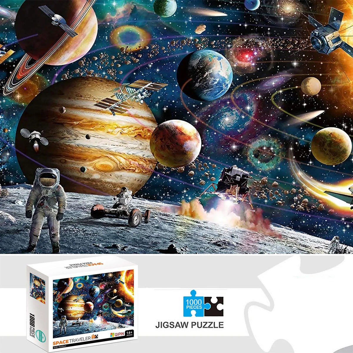 Space-themed 1000-piece jigsaw puzzle with astronauts and planets on colorful artwork