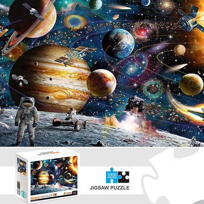 Space-themed 1000-piece jigsaw puzzle with astronauts and planets on colorful artwork