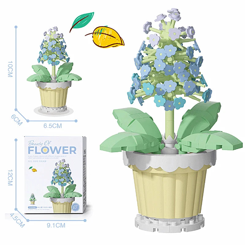 Flower building blocks: cream pot with light-blue blossoms and green leaves, boxed set shown