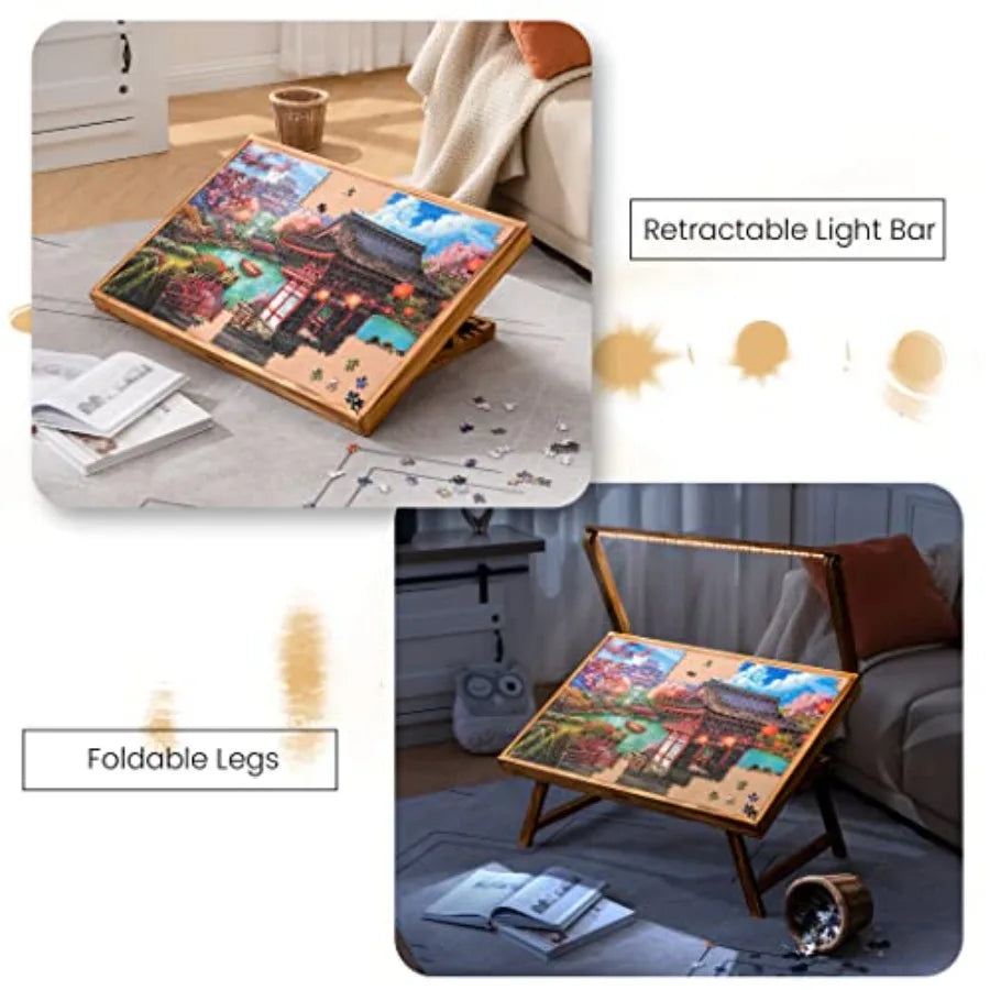 LED jigsaw puzzle table with retractable light bar and foldable legs, angled top