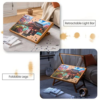 LED jigsaw puzzle table with retractable light bar and foldable legs, angled top