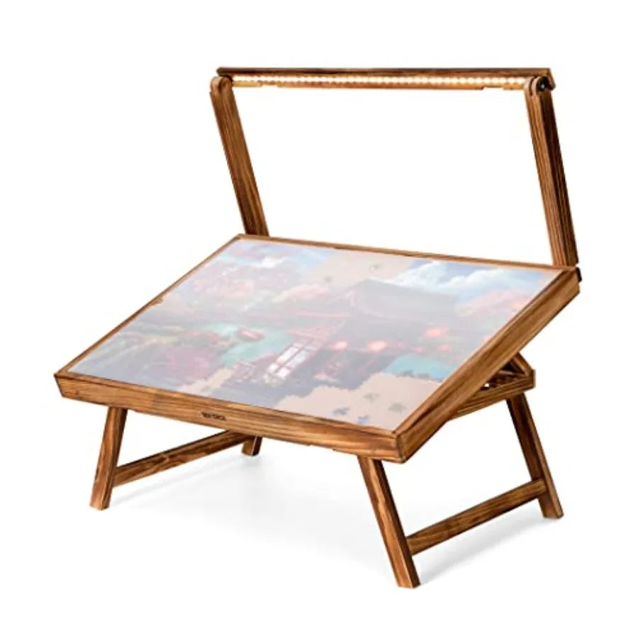 LED jigsaw puzzle table with glowing border light and wood-finished folding legs