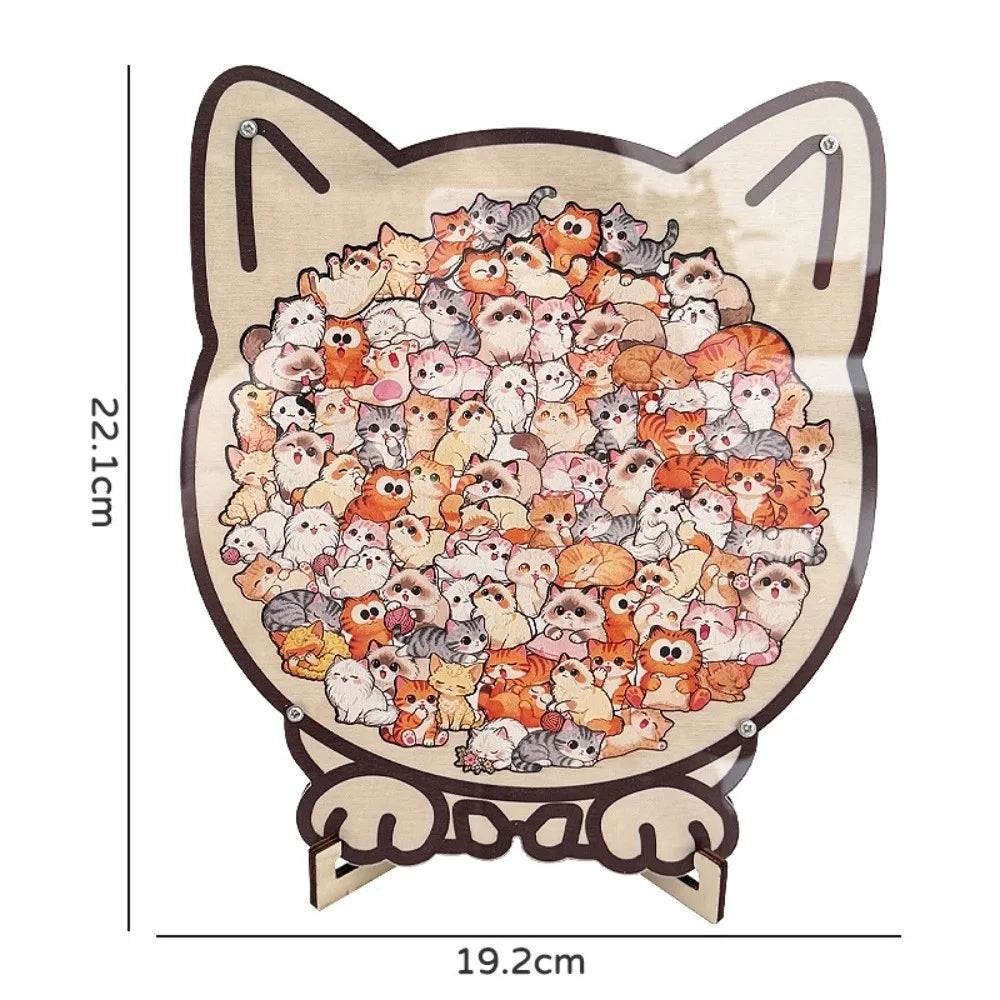 Wooden puzzle shaped like a cat with various cat illustrations on a white background