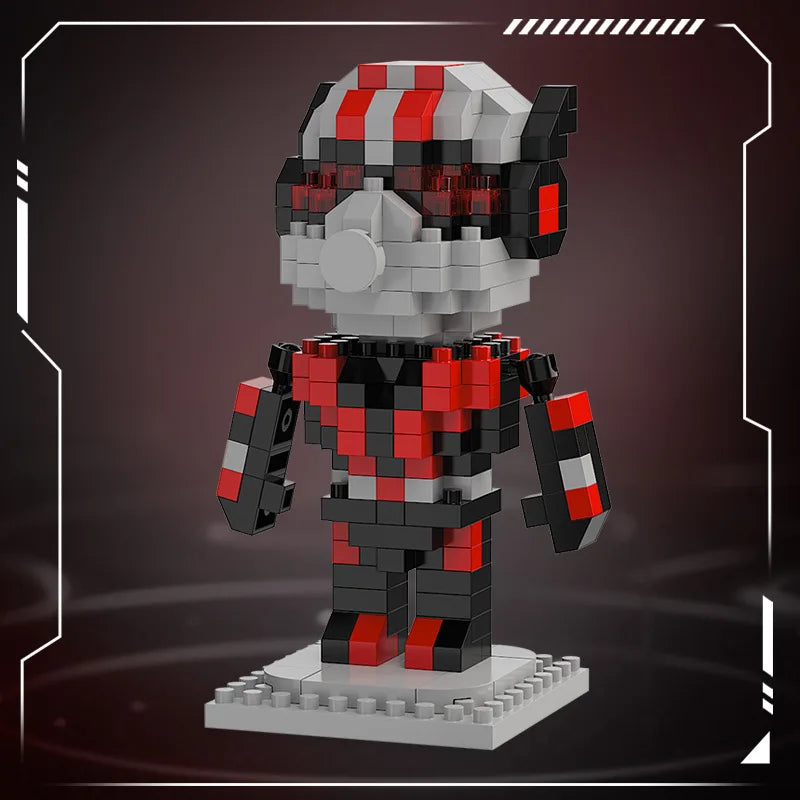 Gray and red mini brick hero figure with black armor panels and blocky fists on white base