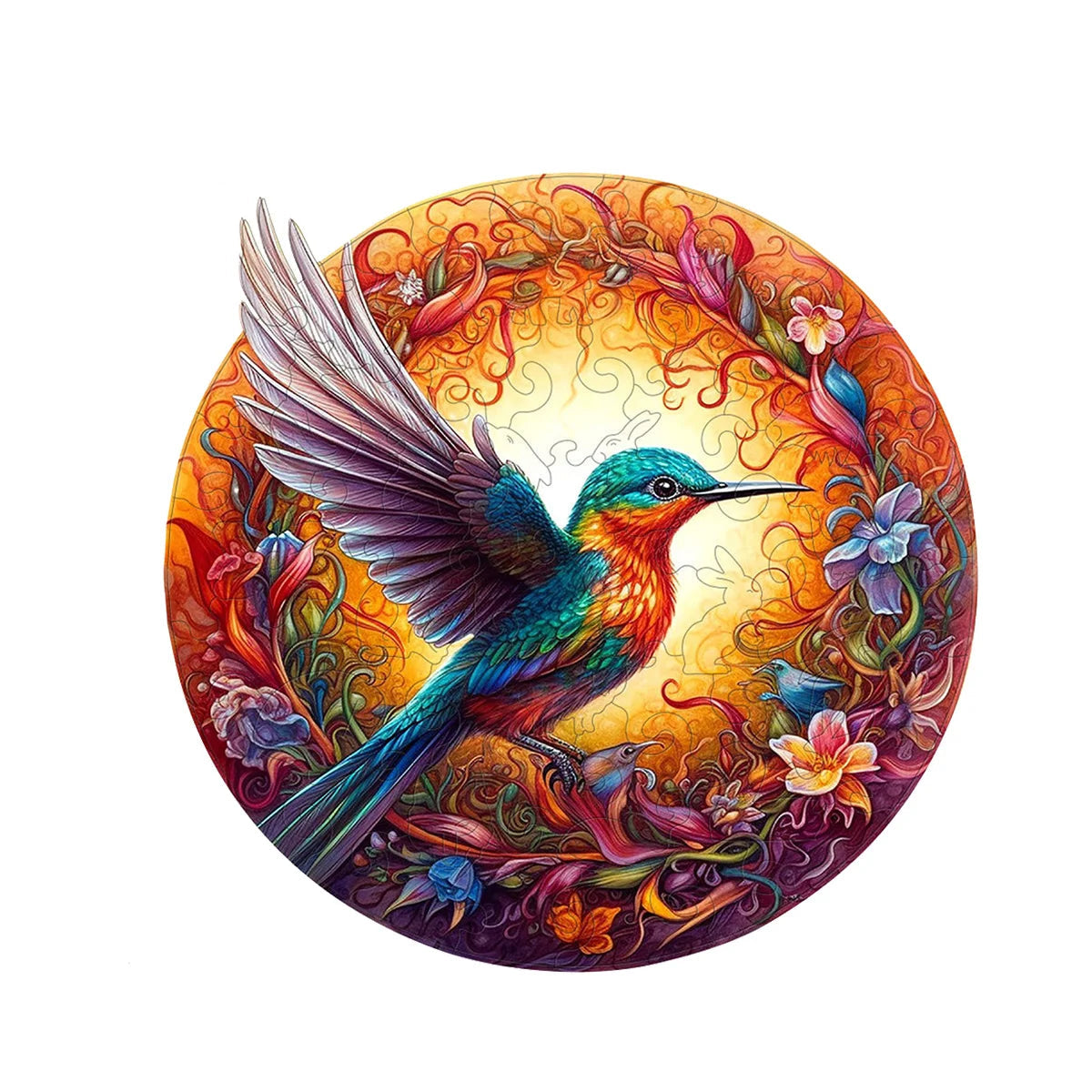 Colorful circular puzzle piece with a hummingbird and floral design on a white background.