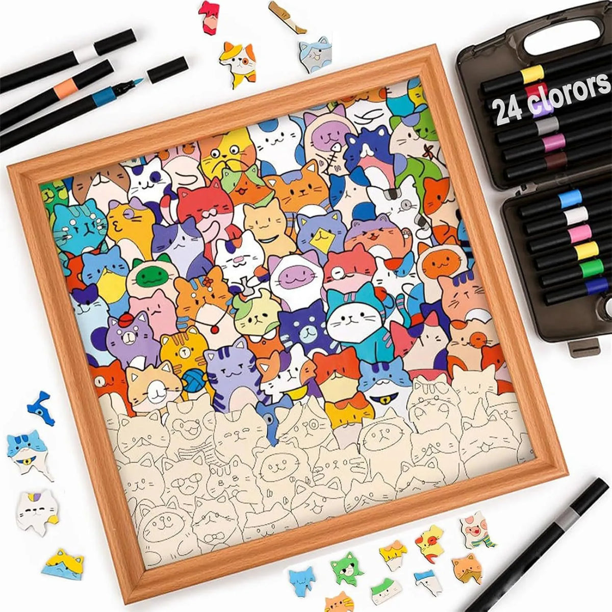 Cat paint puzzle kit with wooden frame, colorful cat artwork, markers and crayons