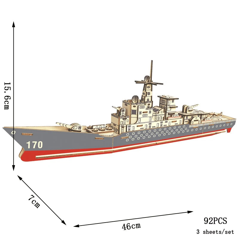 Gray and red 3D wooden battleship puzzle model with deck gun and mast