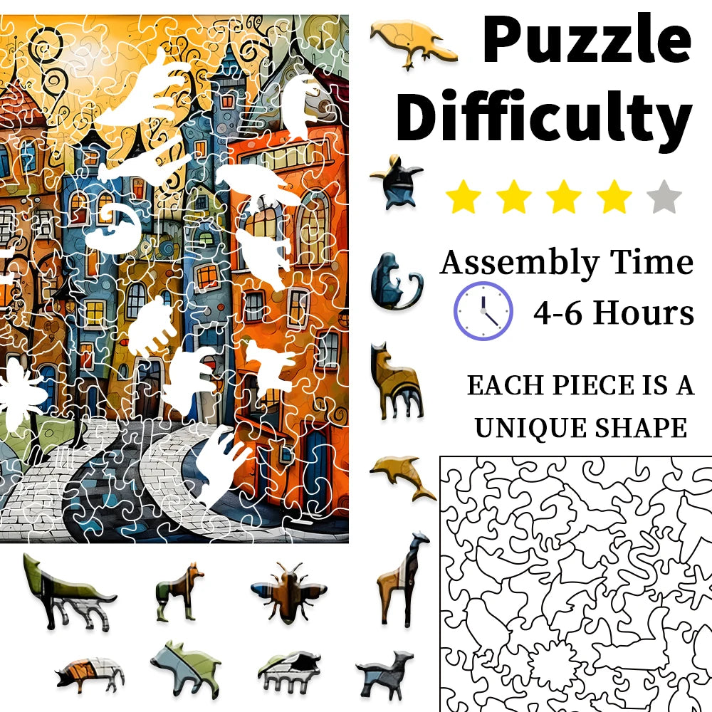 Whimsical Colourful City Wooden Puzzle