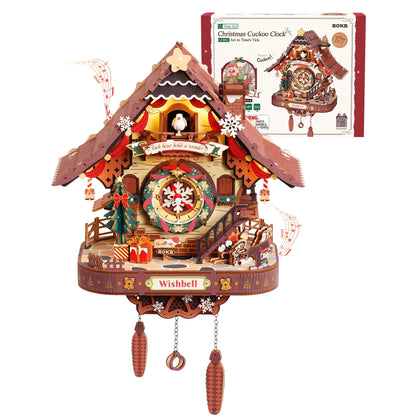 Christmas wooden cuckoo clock puzzle with a peaked roof, festive scene, clock face and hanging weights