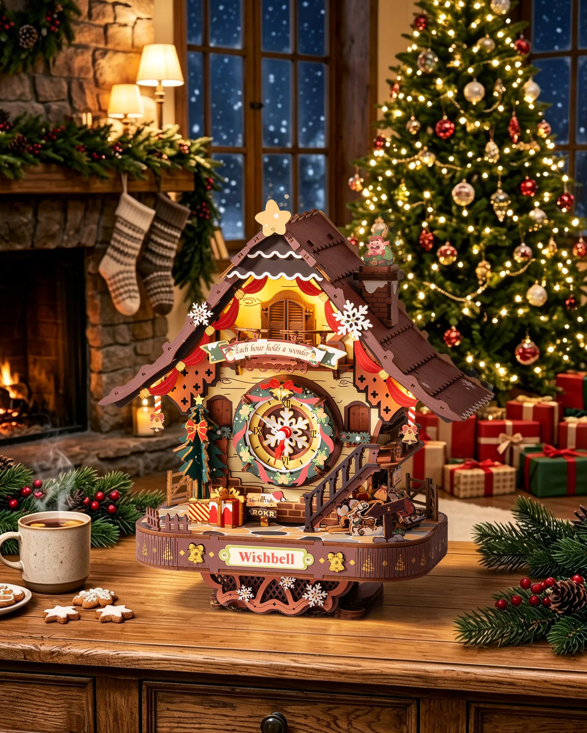Christmas wooden cuckoo clock with a bird, decorated roof, miniature tree and hanging weights