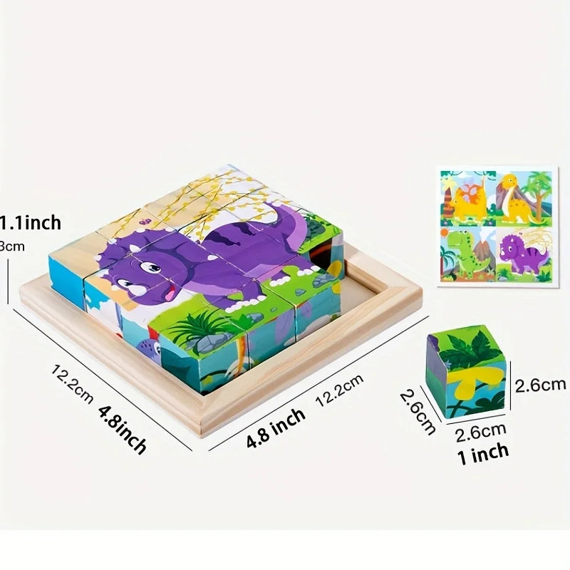 Wooden cube puzzle with purple elephant tile on a wooden base; size label shown