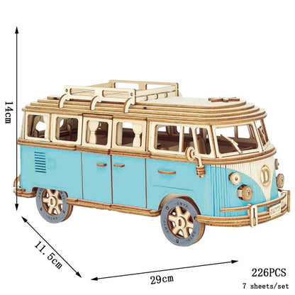Blue and cream 3D wooden bus puzzle with roof rack and front headlight details